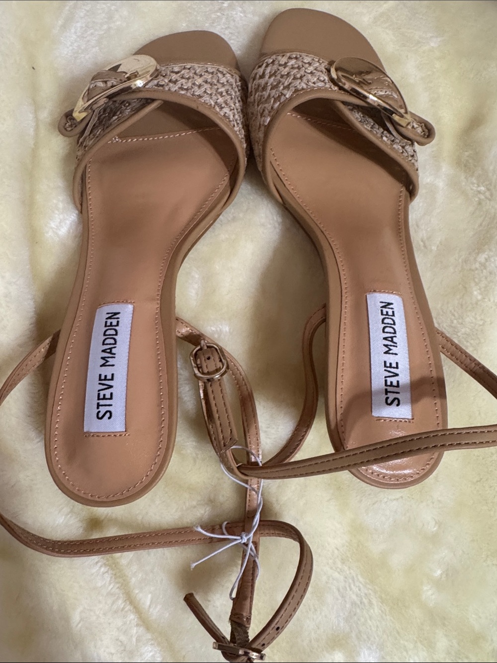 Steve Madden Tan Braided Ankle-Tie Sandals with Gold Buckle